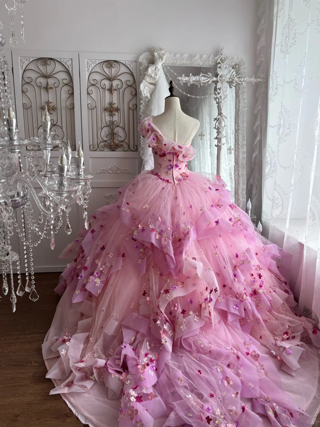 Beautiful Ball Gown One-the-Shoulder Pink Evening Dress 3D appliqué floral Ruffled Tulle Prom Dress MD370