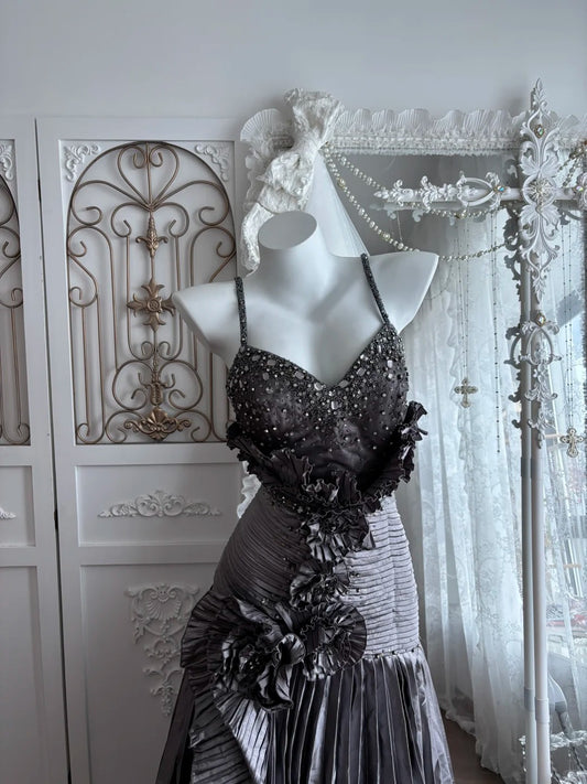 Beautiful A-line V Neck Gray Evening Dress Pleated Satin Prom Dress MD377