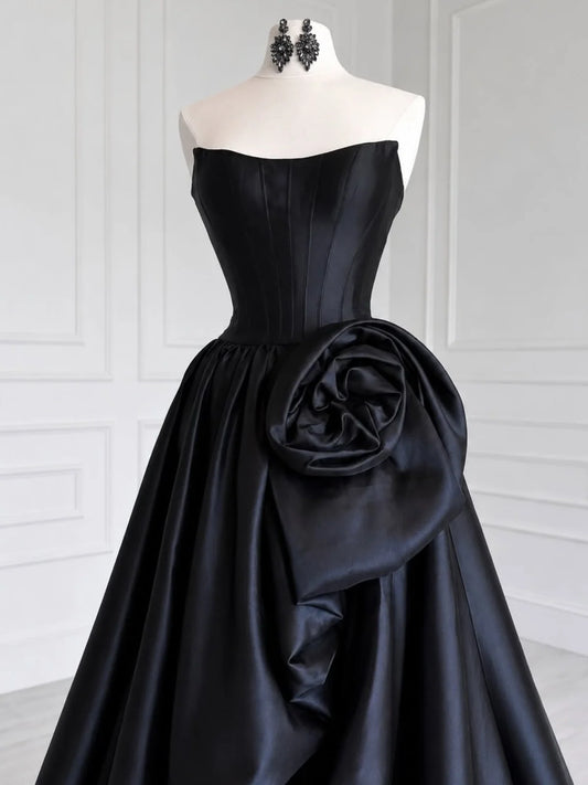 A-line Spoon Neck Satin Black Long Prom Dress MD379