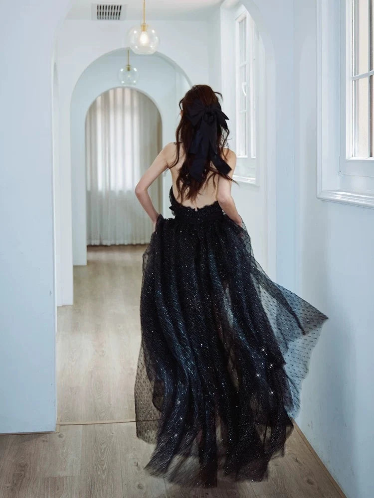 A-Line V Neck Tulle Floor Length Black Prom Dress, Black Party Dress MD380