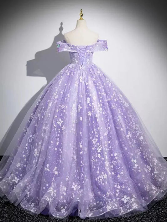 A-Line Off Shoulder Tulle Lace Purple Long Prom Dress, Purple Long Formal Dress MD382
