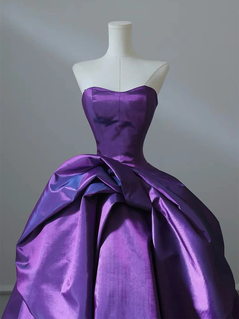 A-Line Sweetheart Neck Satin Purple Long Prom Dress, Purple Long Evening Gown MD386