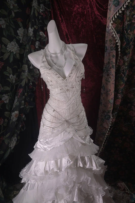 Elegant A-line Halter Neck Long Wedding Dress Beaded Cascade Satin White Prom Dress MD389
