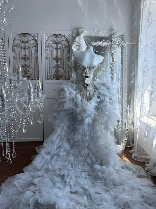 Beautiful Mermaid Sweetheart Neck Silver Evening Dress Beaded Tulle Prom Dress MD412