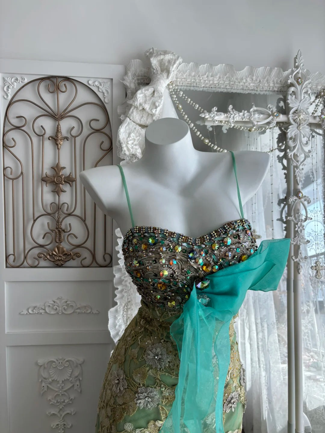 Beautiful Sheath Sweetheart Neck Green Evening Dress 3D floral appliqués Tulle Prom Dress MD415