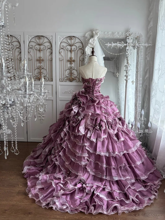 Beautiful Ball Gown Strapless Neck Purple Evening Dress Pleated 3D floral appliqués Tulle Prom Dress MD416
