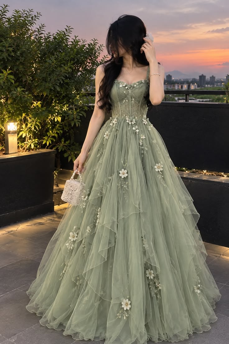 Beautiful A-line Strapless Neck Green Evening Dress Pleated Tulle Prom Dress MD420