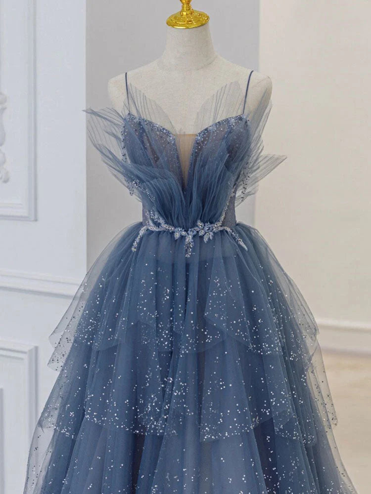 Gray blue tulle sequin long prom dress, gray blue tulle formal dress MD247