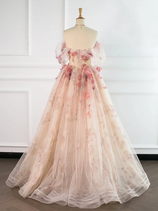 A-Line Tulle Applique Light Champagne Long Prom Dress, Light Champagne Formal Dress MD430