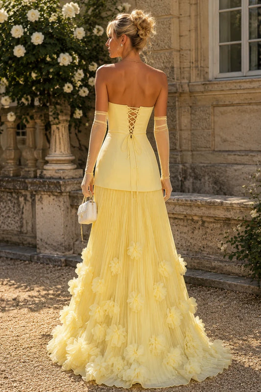 Yellow Long Prom Evening Dress Scoop Neck A-Line Ruffles Strapless MD432