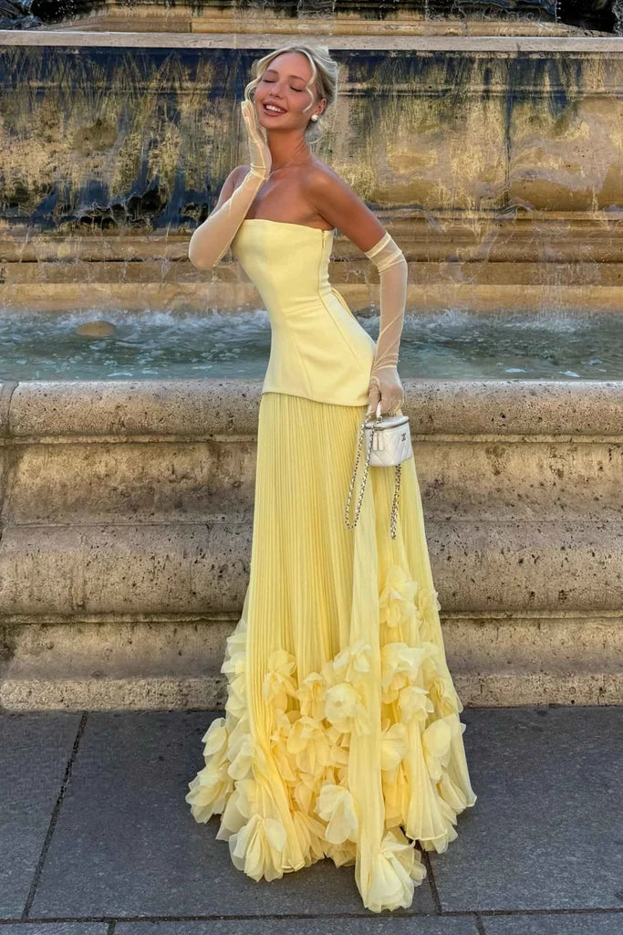 Yellow Long Prom Evening Dress Scoop Neck A-Line Ruffles Strapless MD432