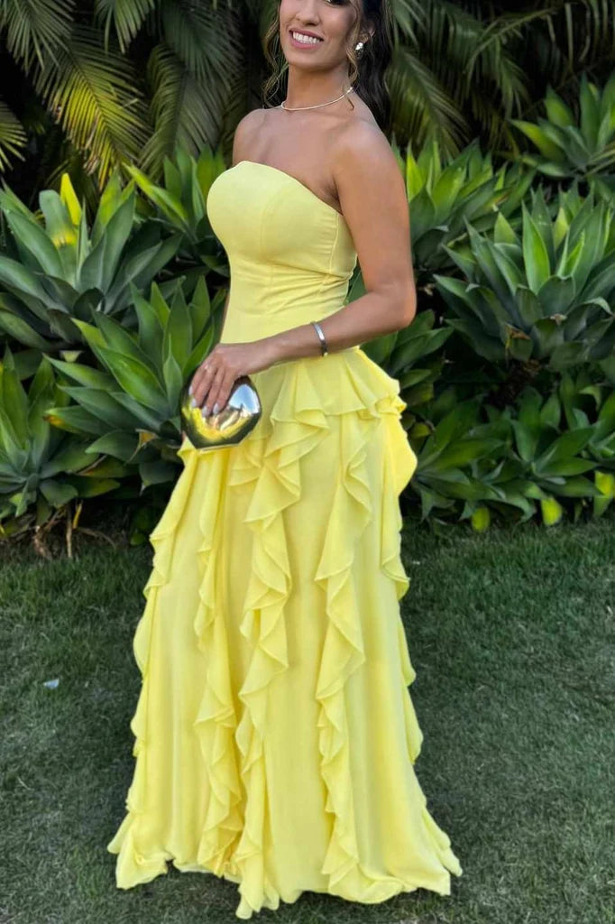 Yellow Strapless A-Line Satin Chiffon Ruffles Long Prom Dress MD435