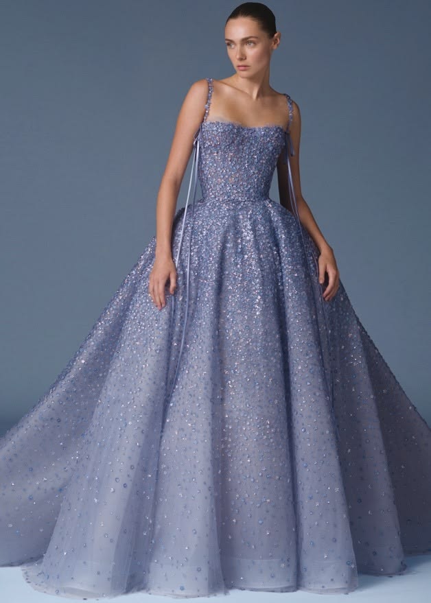 Beautiful A-line Strapless Neck Blue Evening Dress Sequins Tulle Prom Dress MD441