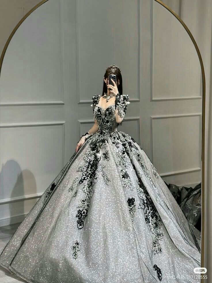 Beautiful Ball Gown Square Neck Silver Evening Dress Embroidered Tulle Prom Dress MD447