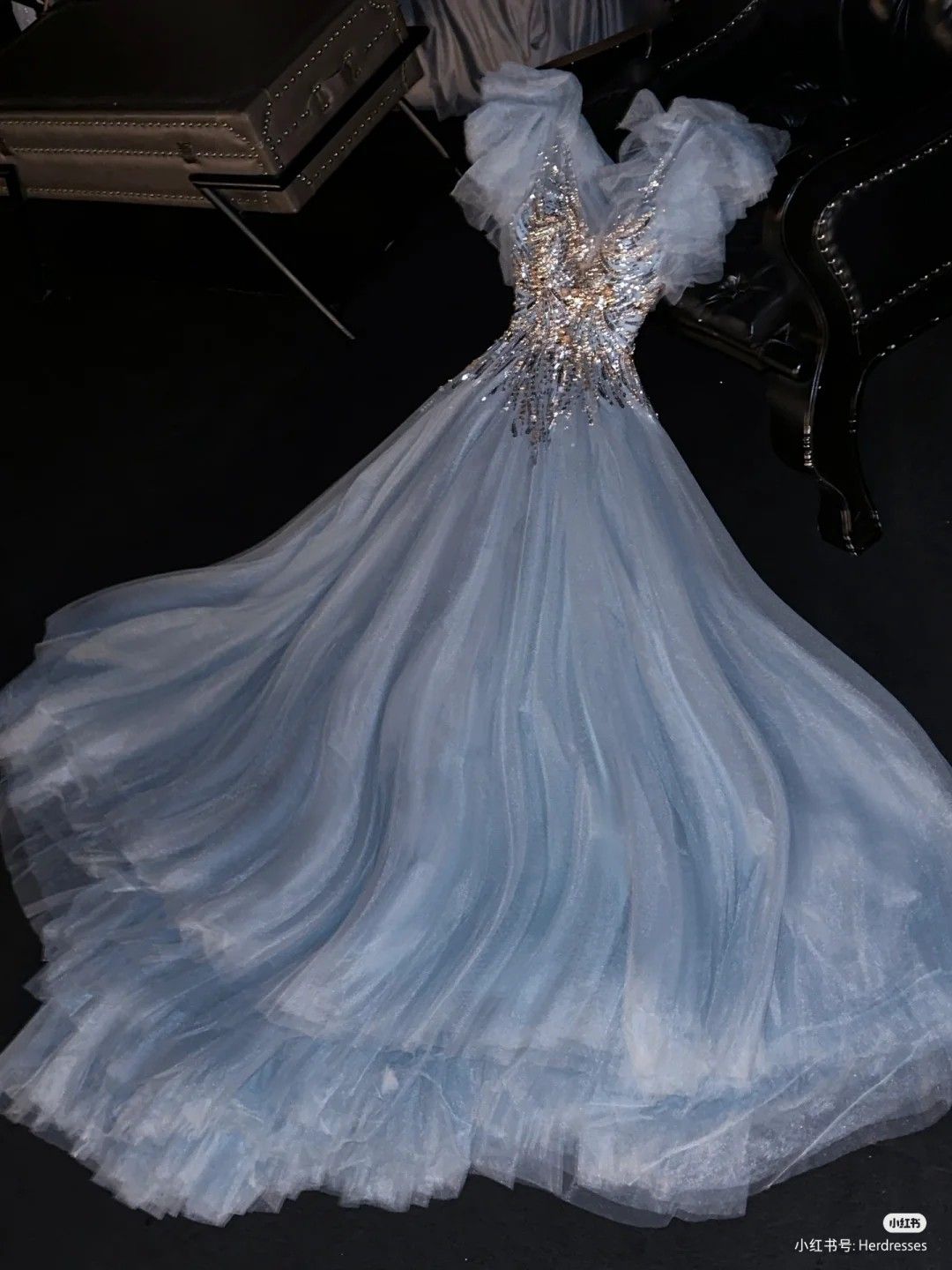 Beautiful A-line V Neck Blue Evening Dress Beaded Tulle Prom Dress MD449
