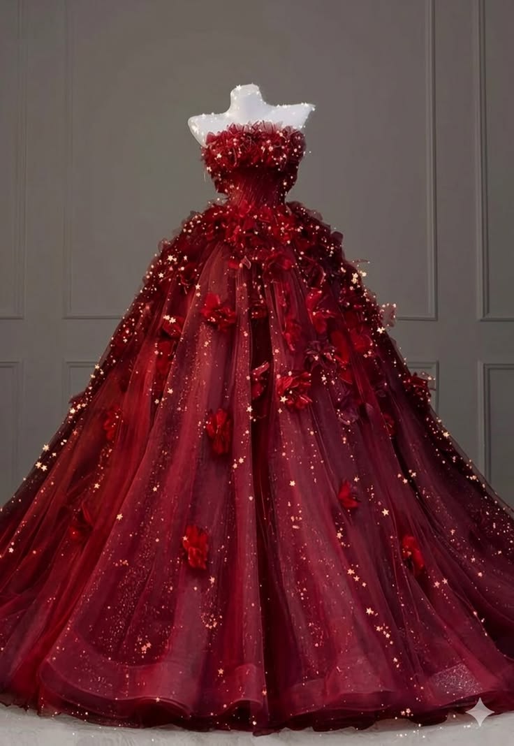Elegant Ball Gown Off-the-Shoulder Red Evening Dress 3D floral appliqués Tulle Prom Dress MD459