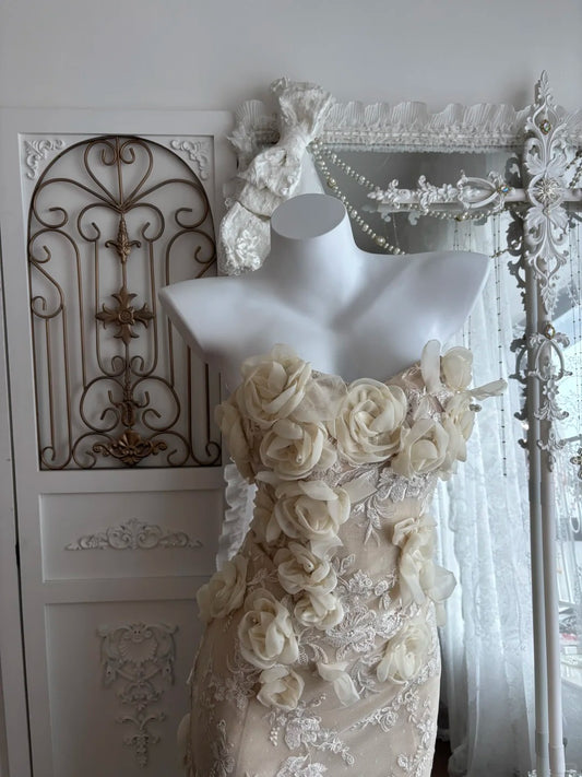 Elegant Sheath Off-the-Shoulder Champagne Evening Dress 3D fabric appliqué Lace Prom Dress MD464