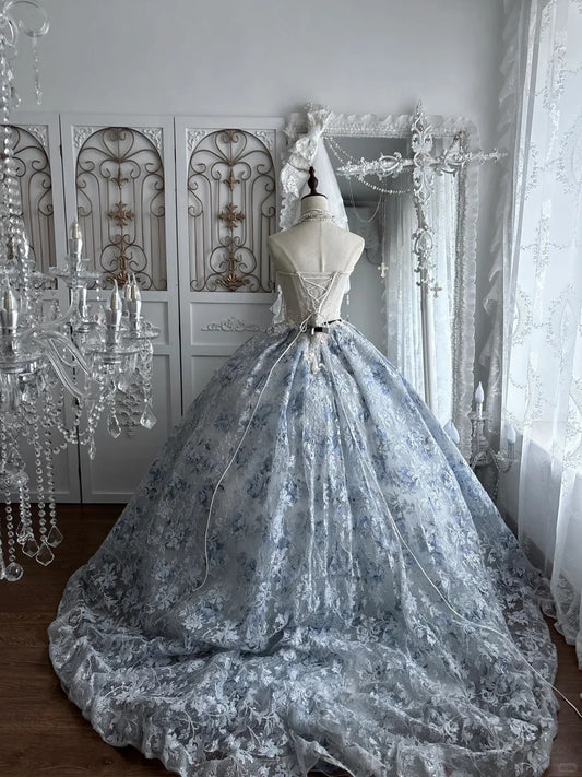 Elegant Ball Gown Off-the-Shoulder Blue Evening Dress Sequins Lace Prom Dress MD466