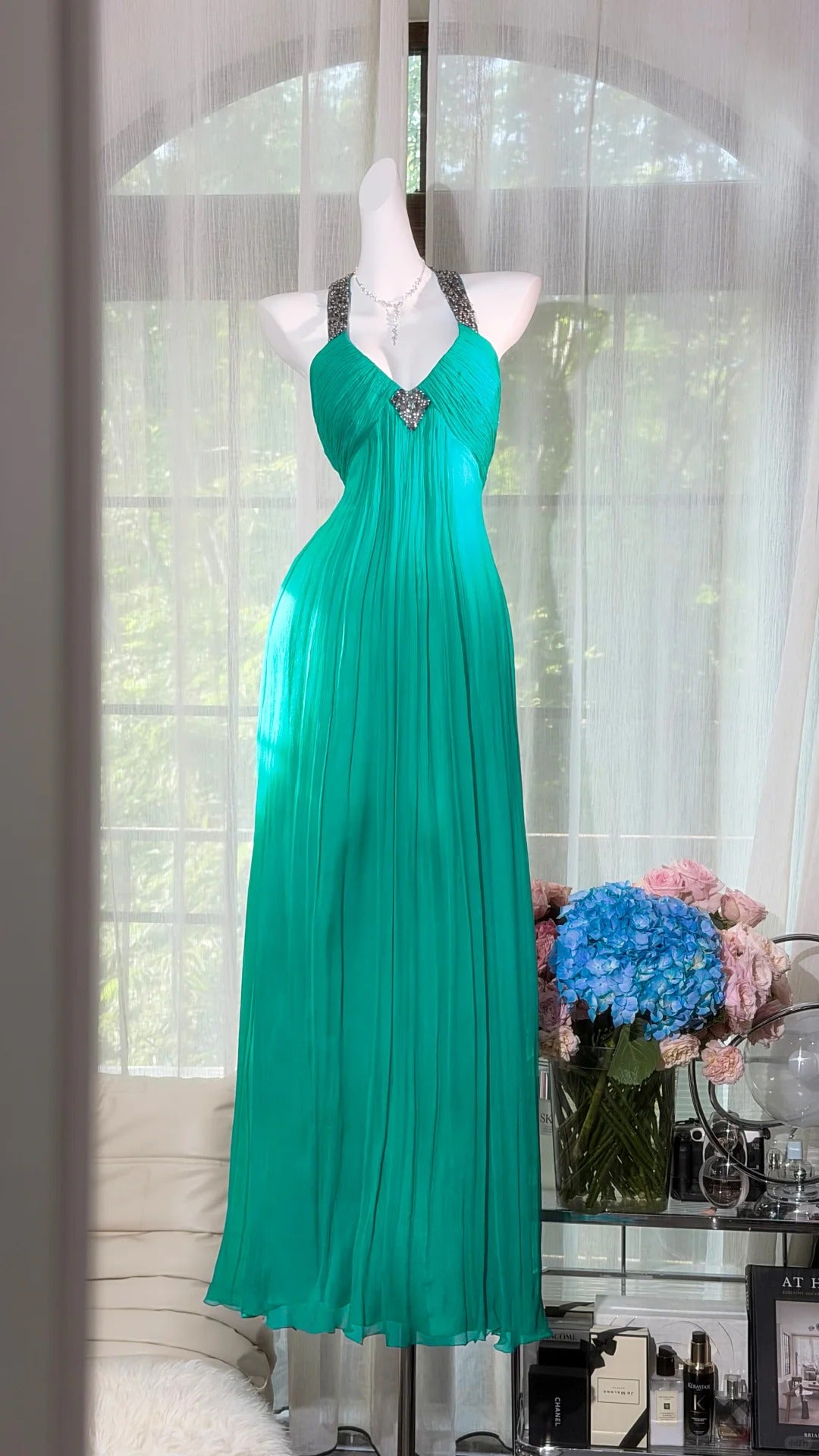 Elegant Sheath Halter Neck Blue Evening Dress Tulle Prom Dress MD471
