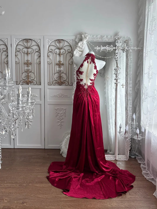 Elegant Sheath Halter Neck Red Evening Dress Beaded High Slit Satin Prom Dress MD473