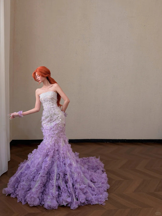 Elegant Mermaid Strapless Neck Purple Evening Dress 3D organza petals Beaded Tulle Prom Dress MD475
