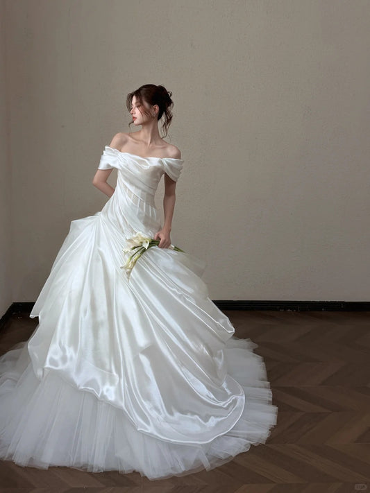 Elegant A-line Off-the-Shoulder Tulle Long Wedding Dress Satin White Prom Dress MD490