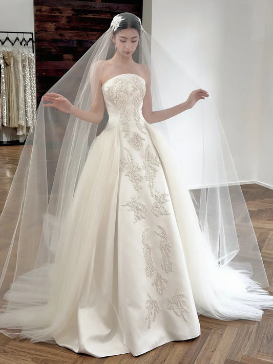Elegant A-line Strapless Long Wedding Dress Embroidered Satin White Prom Dress MD491