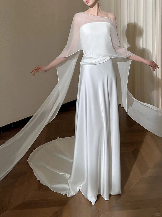Elegant Sheath Strapless Long Wedding Dress Satin White Prom Dress MD493
