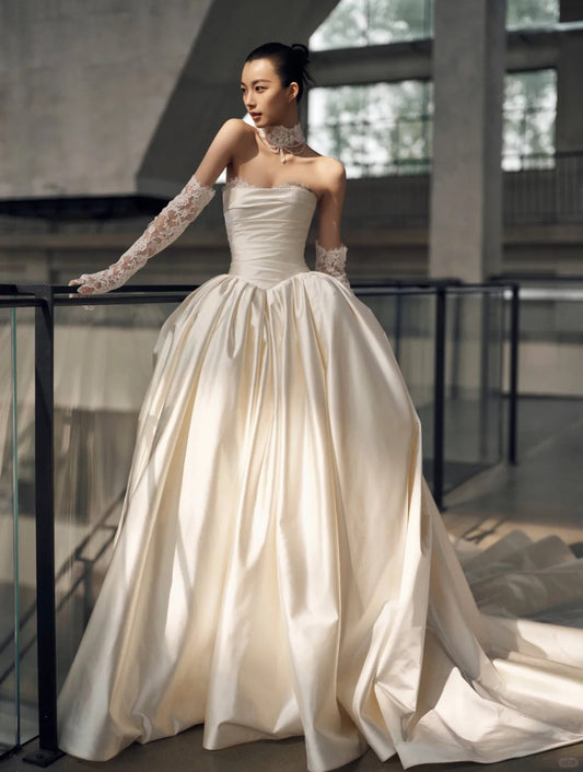 Elegant A-line Off-the-Shoulder Long Wedding Dress Satin White Prom Dress MD498