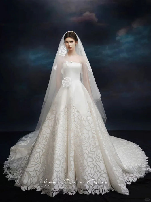 Elegant A-line Strapless Long Wedding Dress Satin White Prom Dress MD499