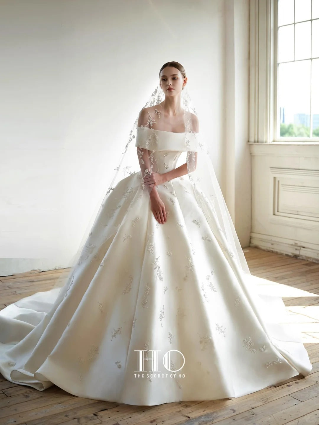 Elegant A-line Off-the-Shoulder Long Wedding Dress Embroidered Satin White Prom Dress MD512