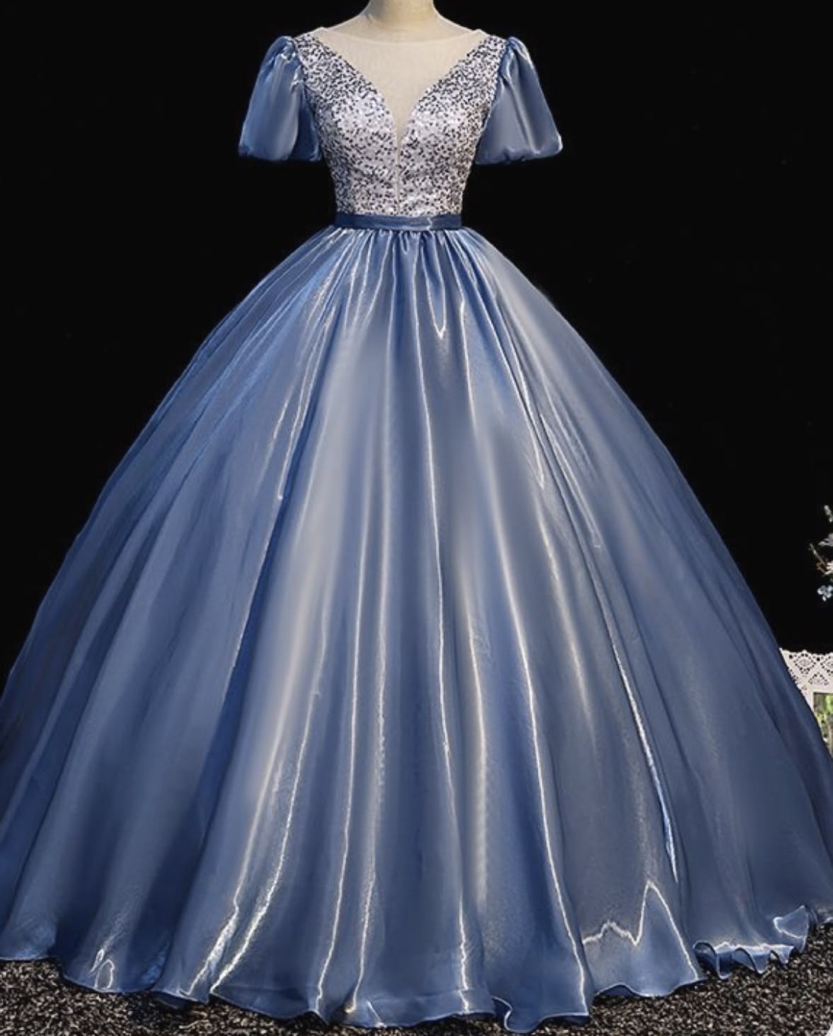 Elegant Ball Gown V Neck Blue Evening Dress Sequins Satin Prom Dress MD518