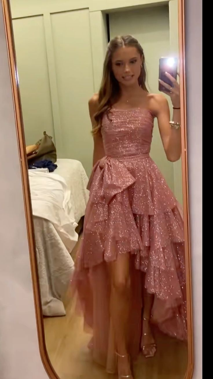 Shiny Glitter Pink Sequin Strapless High-Low Ruffle Prom Dress Party D DSProm Shiny Glitter Pink Sequin Strapless High-Low Ruffle Prom Dress Party D DSProm