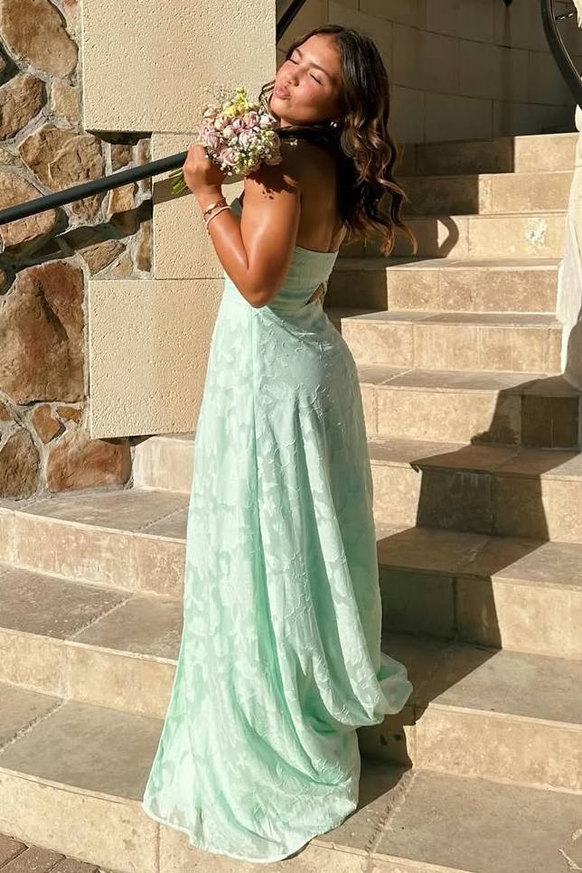 Glamorous Mint Green Strapless Jacquard Chiffon Slit Prom Dress DP8437