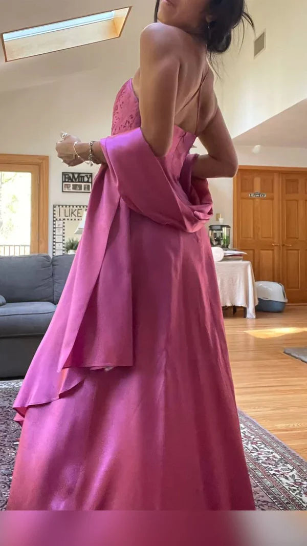 Vintage Hot Pink Spaghetti Strap A-Line Satin Prom Dress Evening Dress DP6367