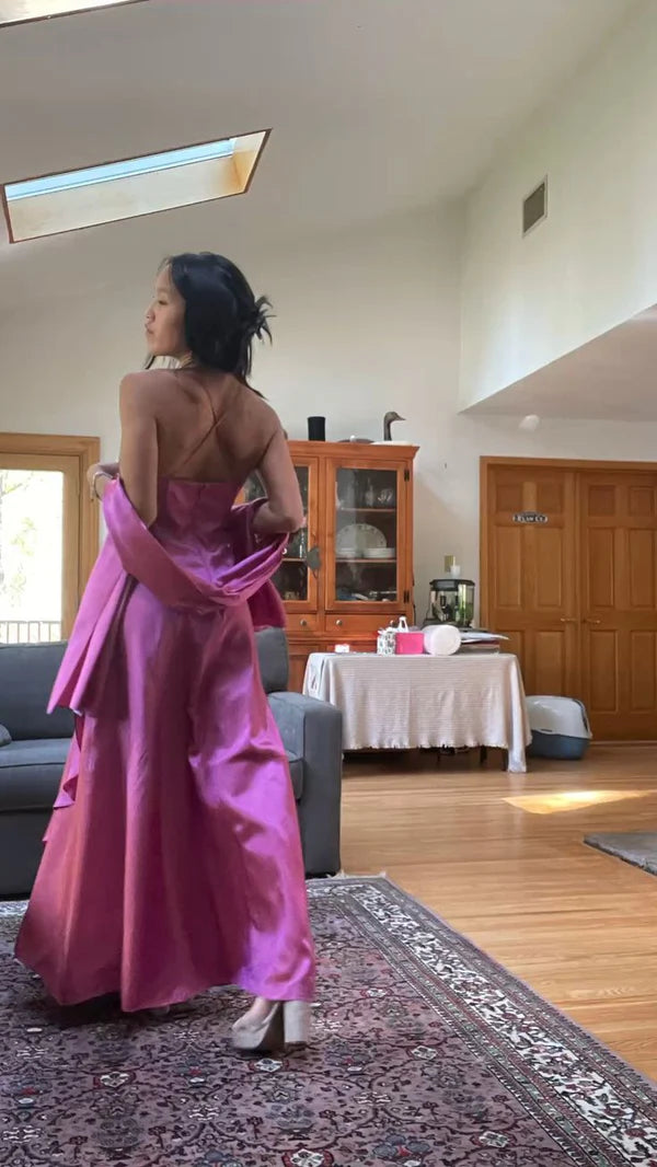 Vintage Hot Pink Spaghetti Strap A-Line Satin Prom Dress Evening Dress DP6367