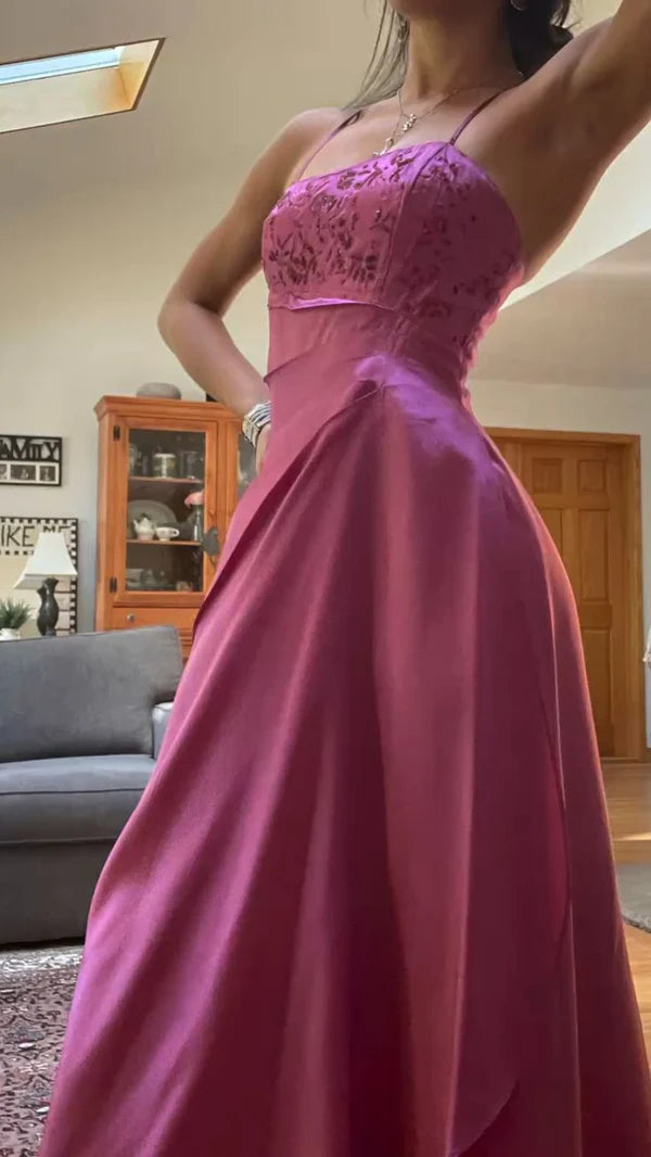 Vintage Hot Pink Spaghetti Strap A-Line Satin Prom Dress Evening Dress DP6367