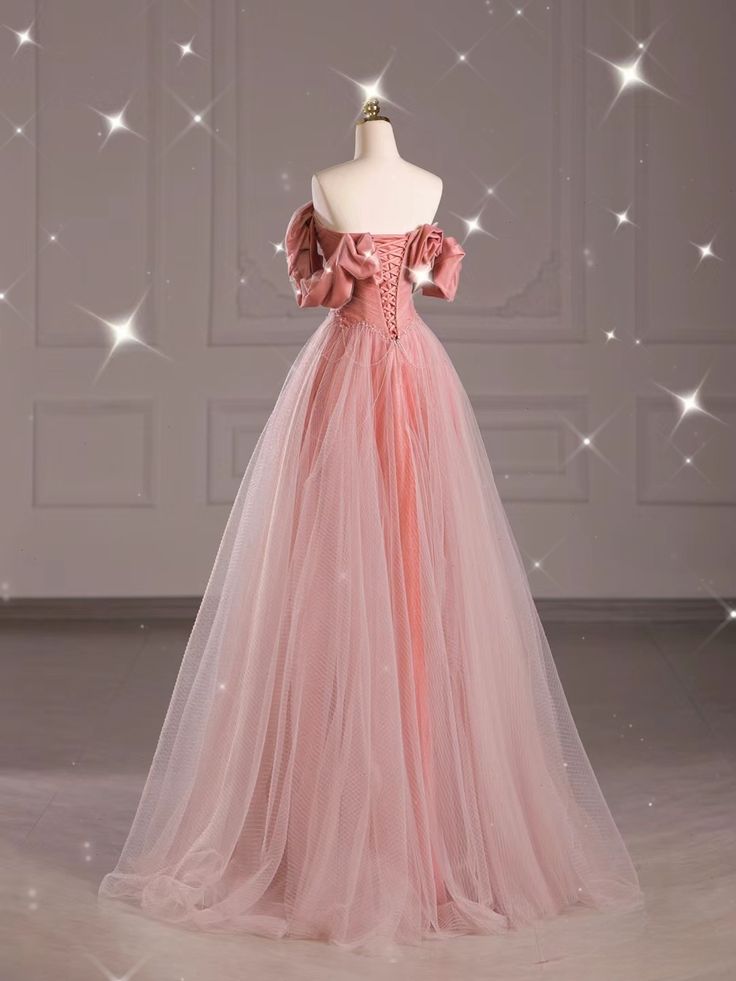Rosa schulterfreies, langes A-Linien-Ballkleid aus Tüll, DP4153