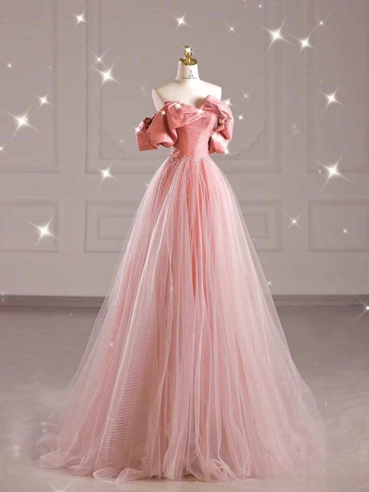 Rosa schulterfreies, langes A-Linien-Ballkleid aus Tüll, DP4153