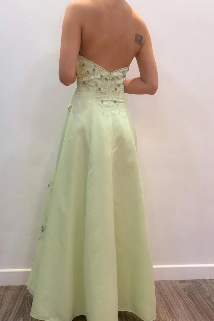 Vintage Pale Green Strapless A-Line Beaded Bodice Ruched Evening Gown DP8448