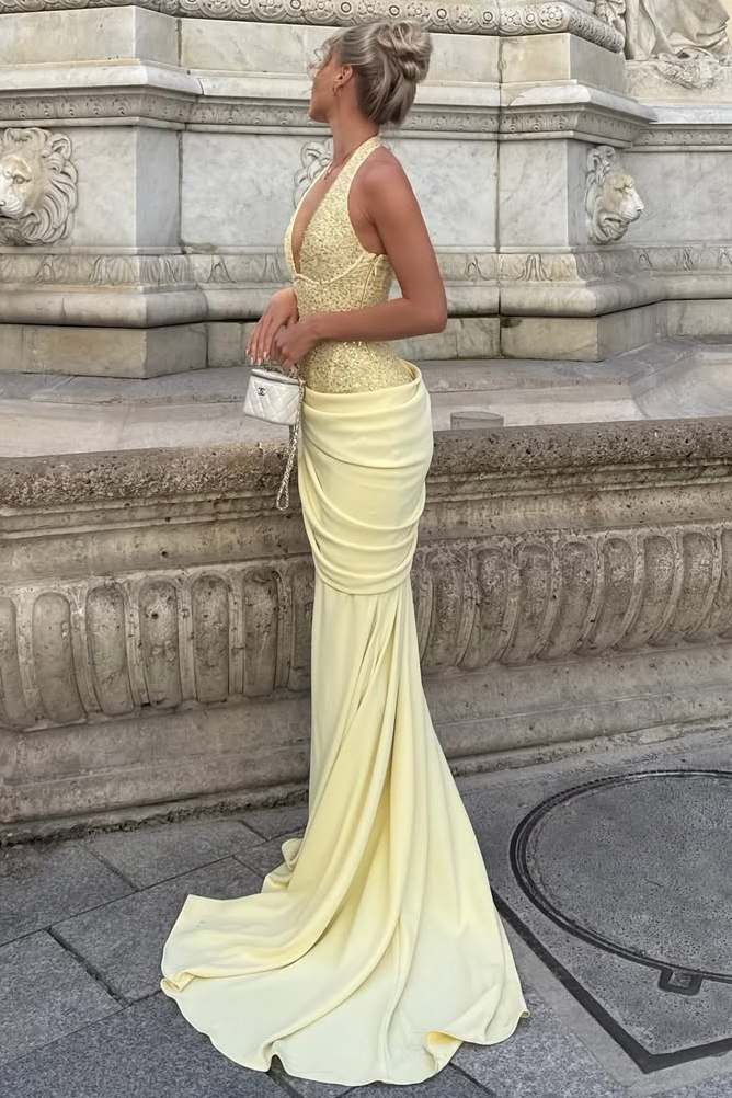 Vintage Pale Yellow Halter-Neck Mermaid Beaded Evening Gown DP8438