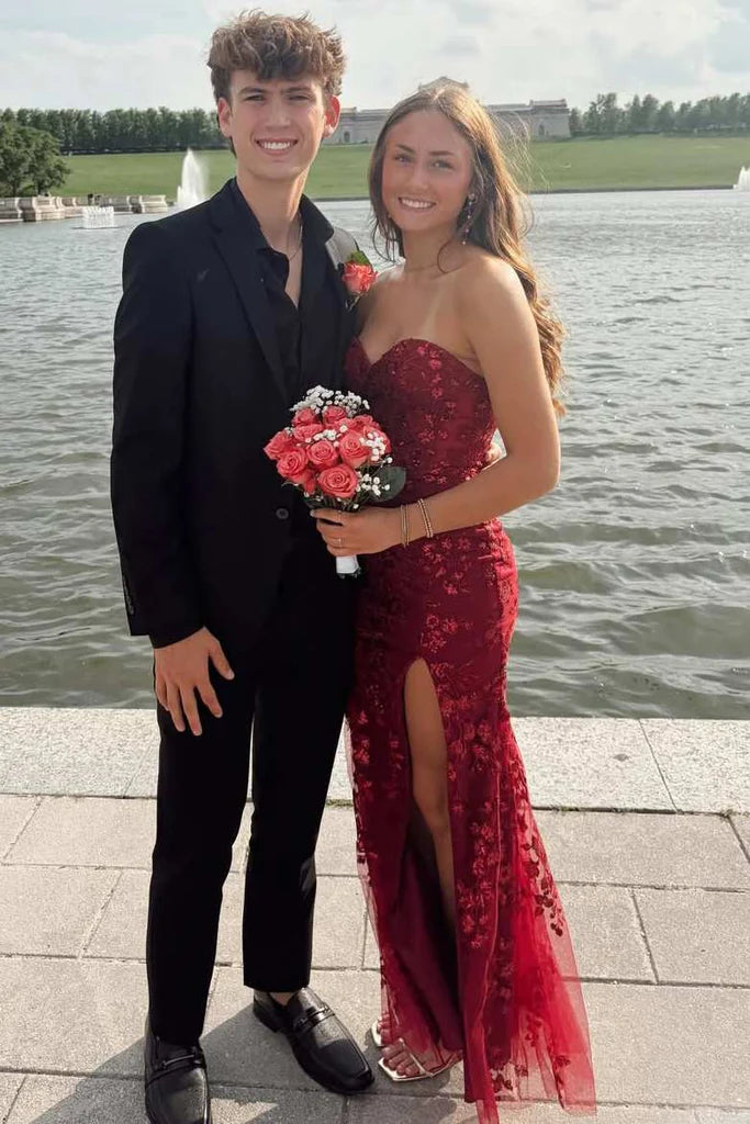Vintage Burgundy Strapless Sweetheart Lace Mermaid High Slit Prom Dress DP8444