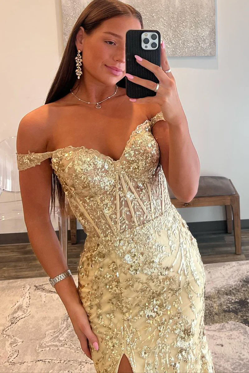 Gold Sequin Lace Off the Shoulder Mermaid Prom Dress,DP0190