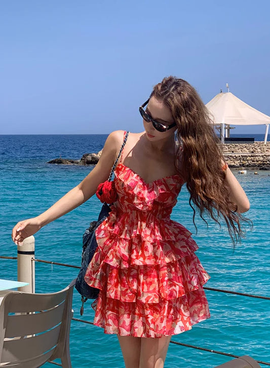 Süßes Blumenmuster Herzausschnitt Spaghettiträger Kurzes A-Linien-Partykleid Cocktailkleid Homecoming-Kleid DP6493