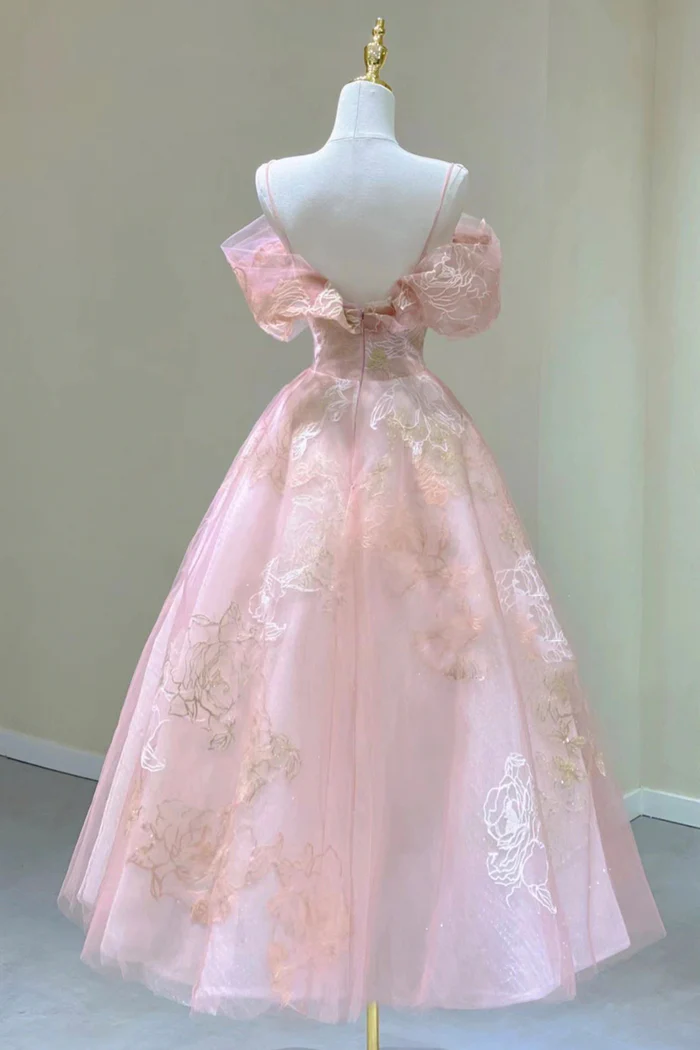 Robe de bal longue trapèze en tulle rose et dentelle, épaules dénudées, robe d'anniversaire, DP3183
