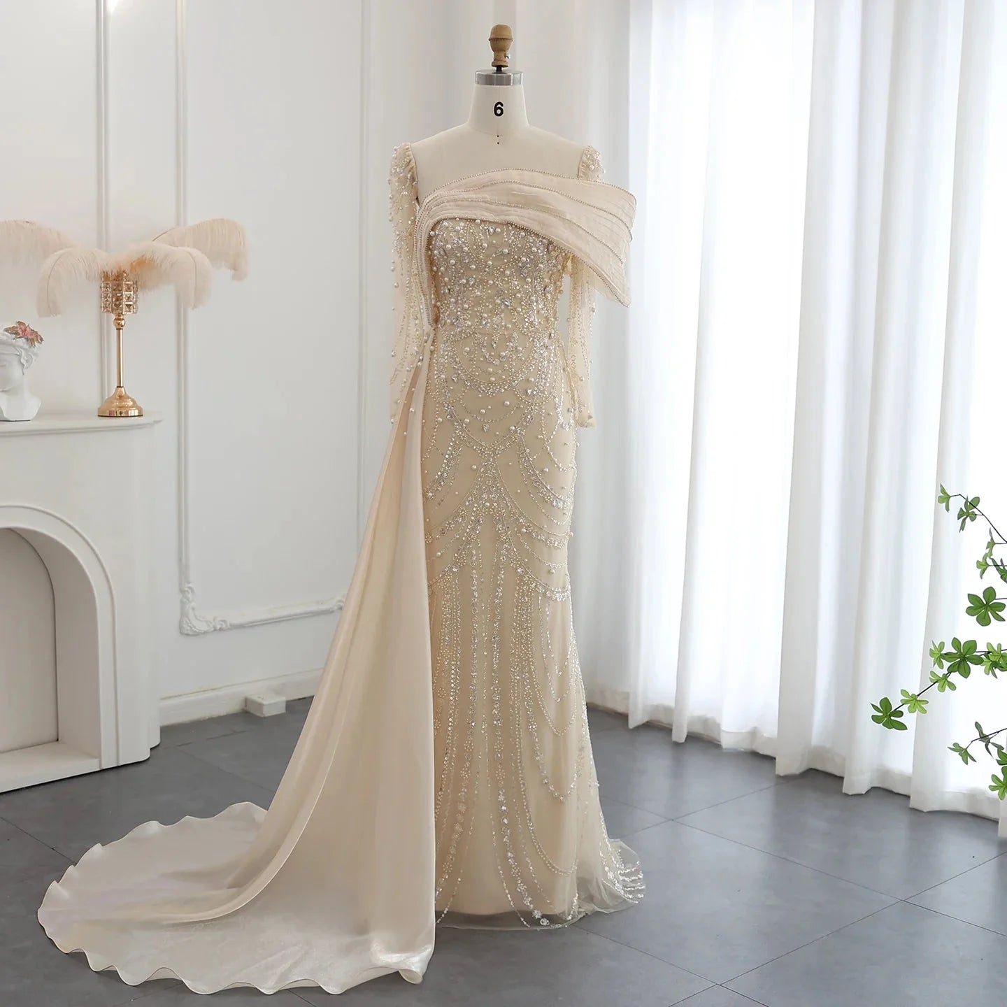 Vintage Glänzendes Perlenbesetztes Langarm-Meerjungfrauen-Abendkleid, DP6536