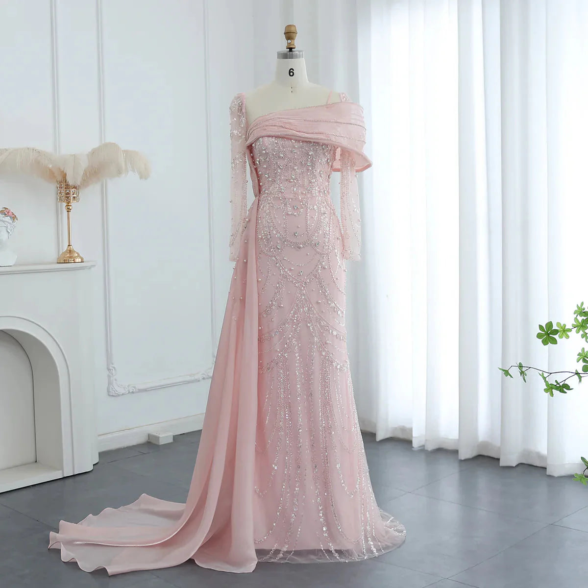 Vintage Glänzendes Perlenbesetztes Langarm-Meerjungfrauen-Abendkleid, DP6536