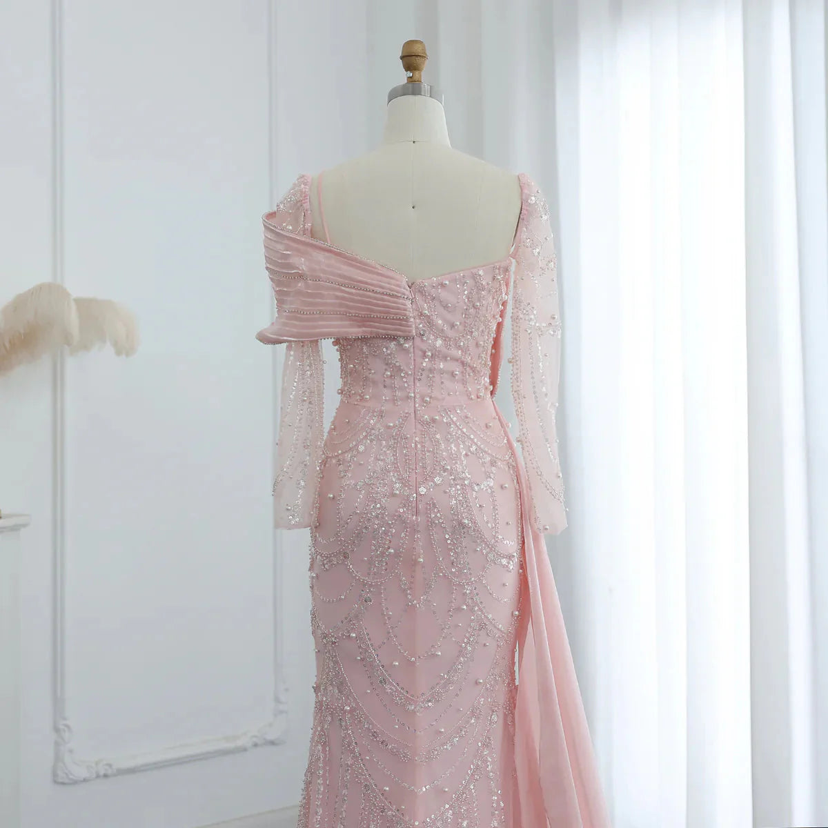 Vintage Glänzendes Perlenbesetztes Langarm-Meerjungfrauen-Abendkleid, DP6536