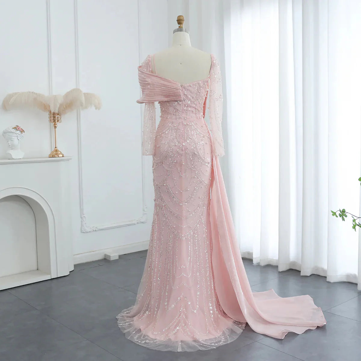 Vintage Glänzendes Perlenbesetztes Langarm-Meerjungfrauen-Abendkleid, DP6536