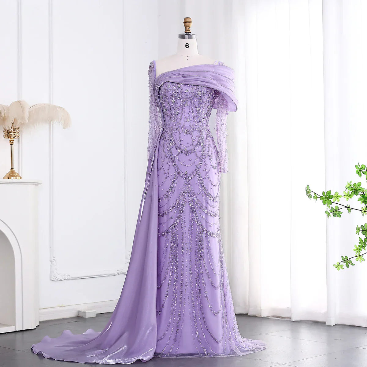 Vintage Glänzendes Perlenbesetztes Langarm-Meerjungfrauen-Abendkleid, DP6536